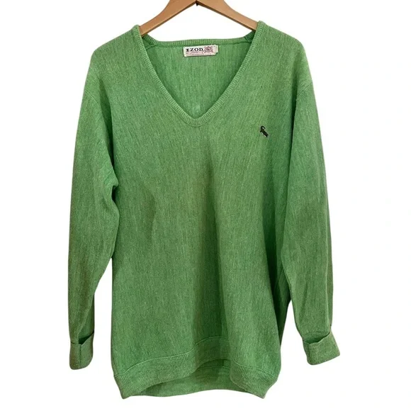 Vintage Izod V-Neck Sweater 70s Green Alligator Logo Preppy Old Money L - Picture 6 of 10